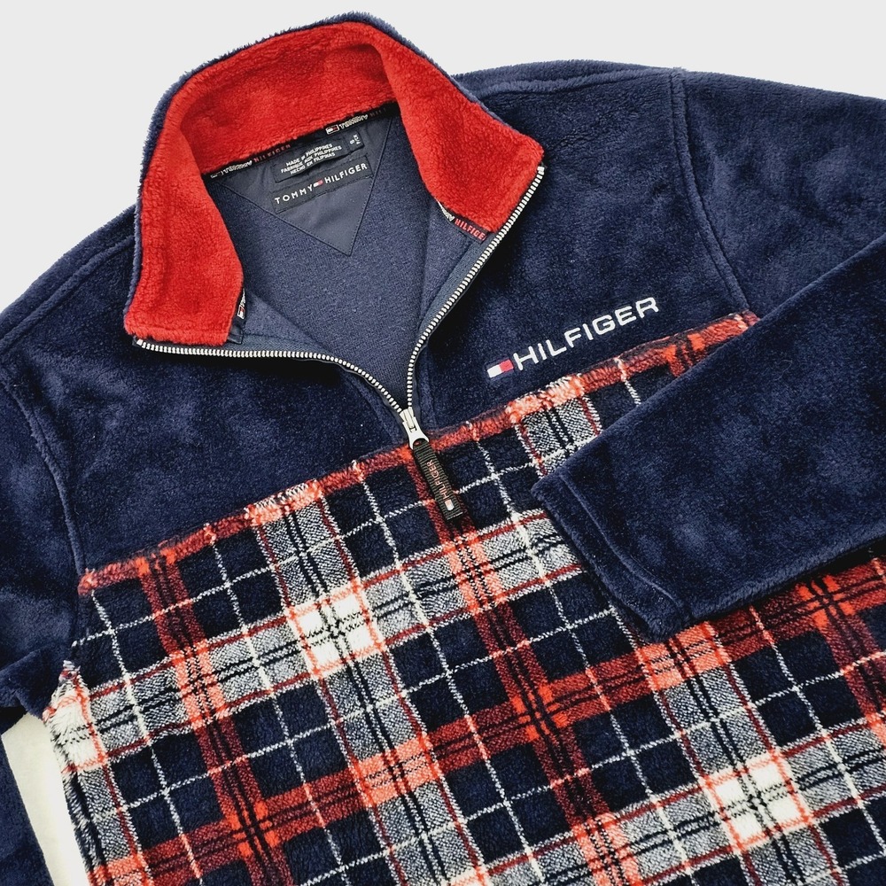 Tommy Hilfiger Mens Small Fleece Pullover 1/4 Zip Plaid Blue‎ Vintage Preppy Y2K